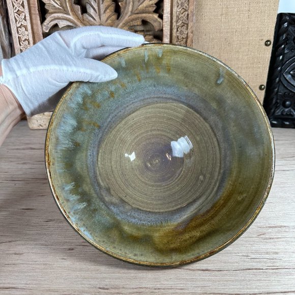 Ceramic Hand Thrown Studio Art Pottery Bowl Blue Gray Brown Artist Signed 9.25" - Picture 3 of 12